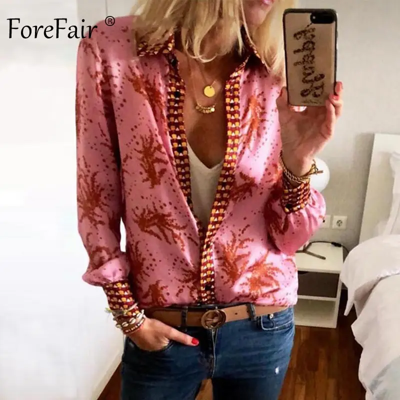 Forefair, Ретро стиль, Цветочная атласная блузка, рубашка, длинный рукав, v-образный вырез, повседневная,, модная, осенняя, размера плюс, с принтом, сексуальная, винтажная, блузка для женщин
