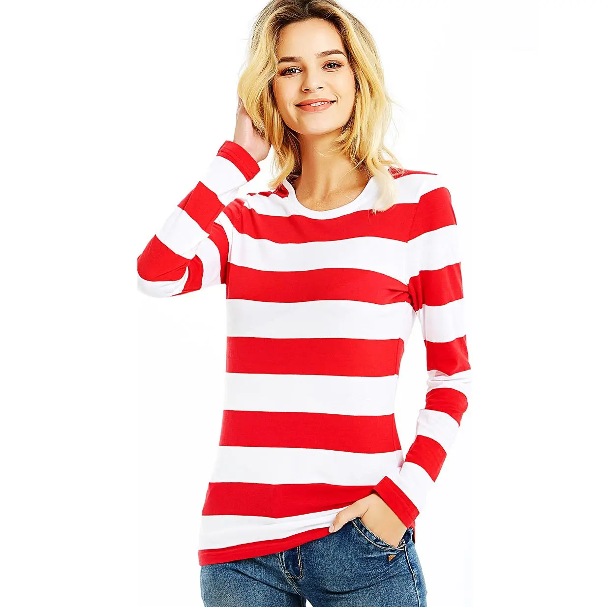 Red White Striped T Shirt for Women Round Neck Long Sleeve Tees for Women  Colorful Stripes Cool Casual Summer|T-Shirts| - AliExpress