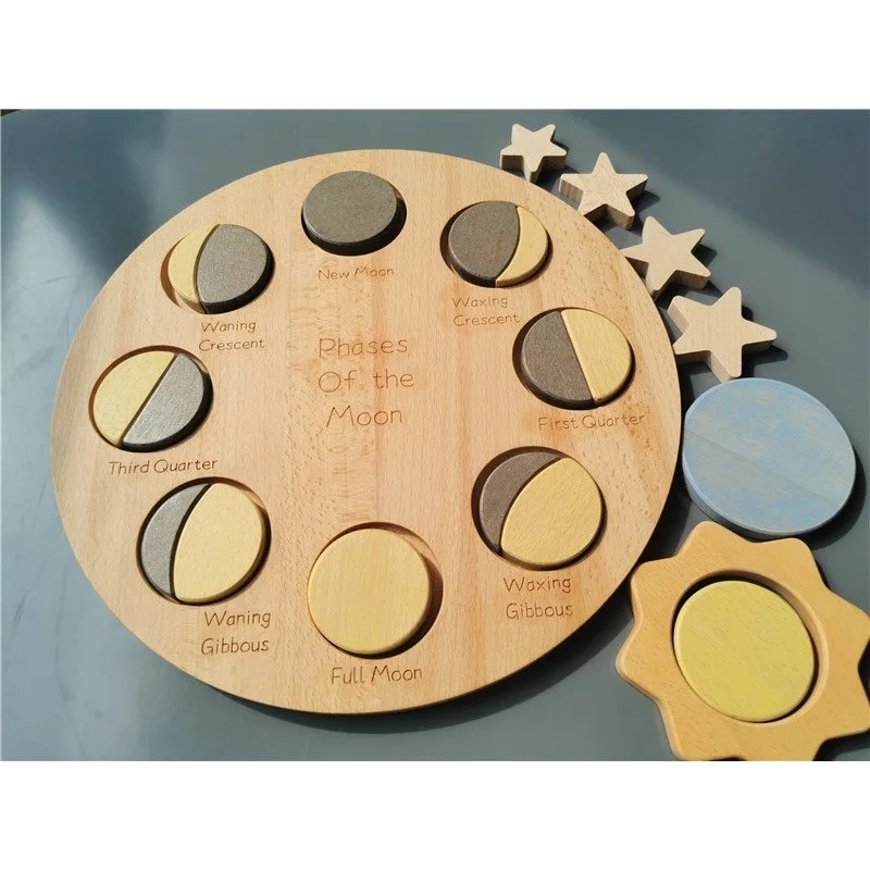 

Big Size Kids Montessori Science Wooden Toys Phases of the Moon with Earth Sun Stars Board Puzzle Educational Play