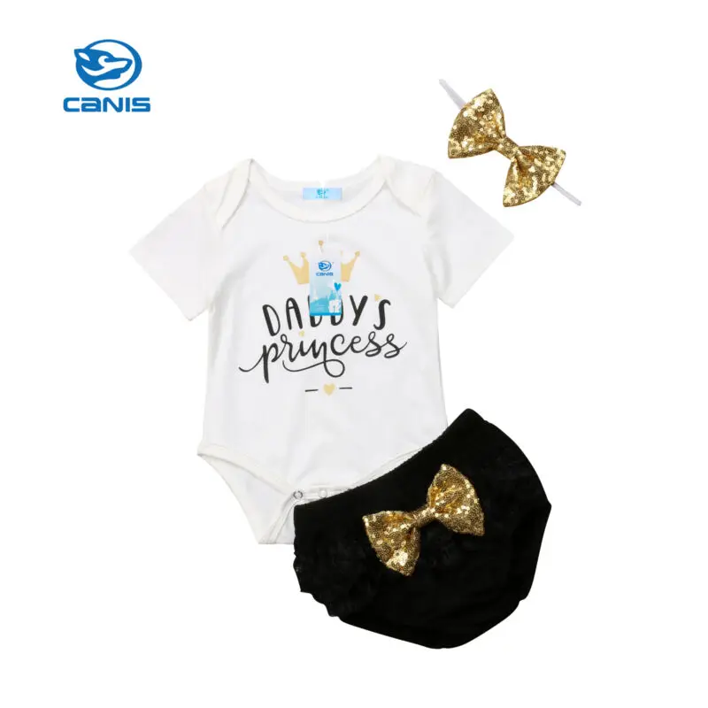 Nouveau-né bébé filles à manches courtes coton barboteuse hauts paillettes Shorts nœud + bandeau 3 pièces princesse ensemble de vêtements