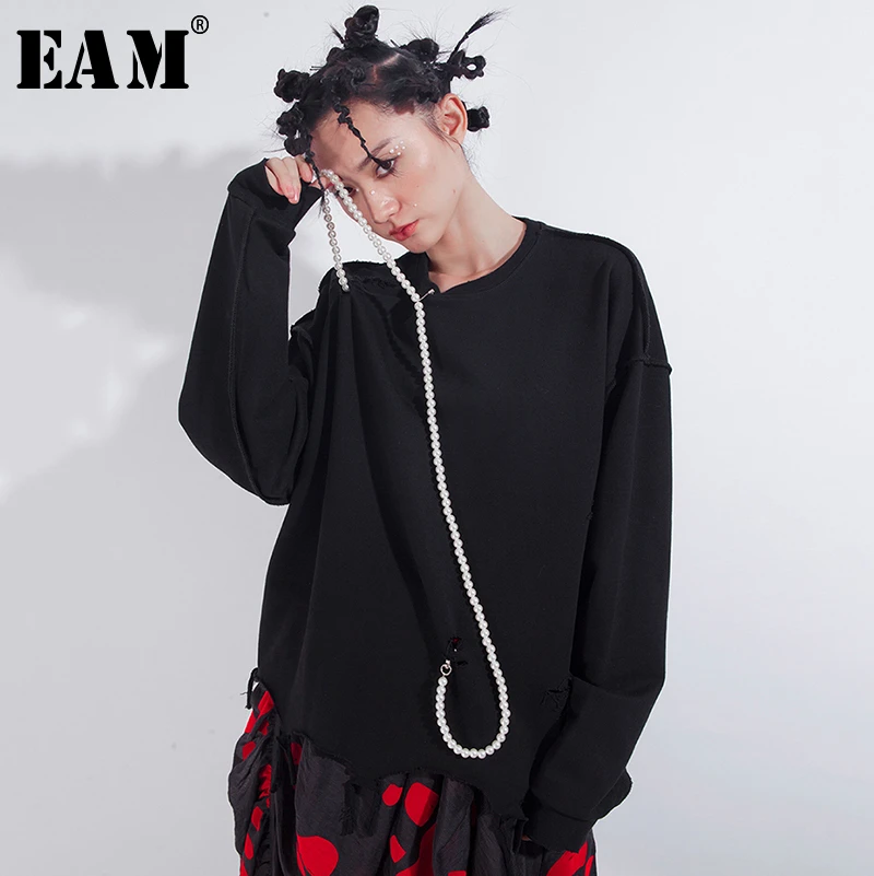 

[EAM] Loose Fit Black Pearl Split Oversized Sweatshirt New Round Neck Long Sleeve Women Big Size Fashion Tide Spring 2020 1N692