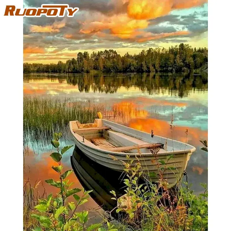 

RUOPOTY Frame Small boat Painting by Numbers Canvas Coloring by Numbers Acrylic Handmade Gift For Home Decor