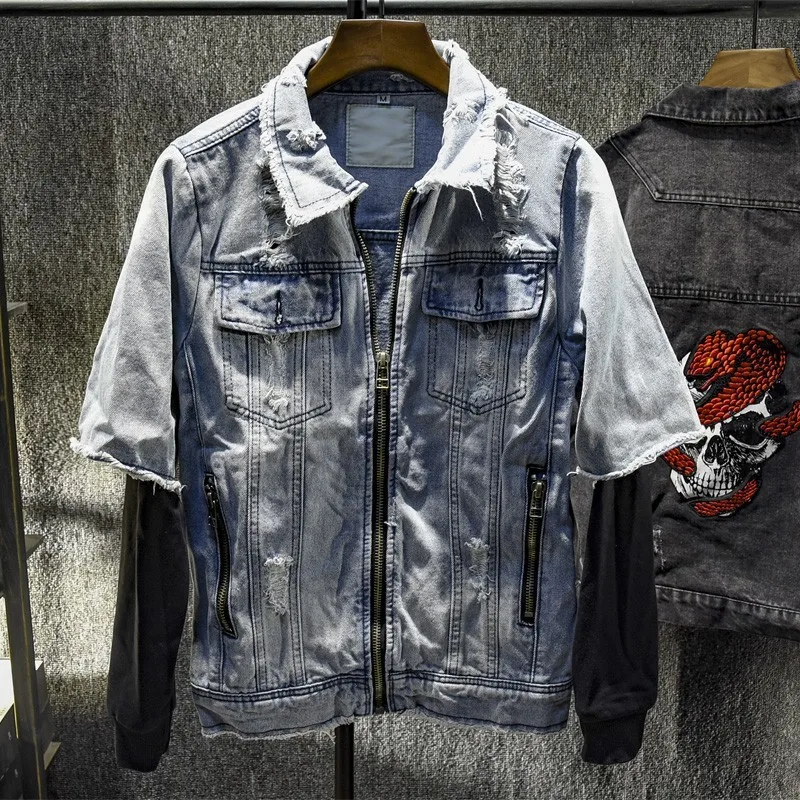 light blue Harajuku Весна Осень Новые поддельные из двух частей мужские джинсовые куртки с длинными рукавами на молнии с отворотами отверстие рваные мужские повседневные верхняя одежда пальто - Цвет: light blue