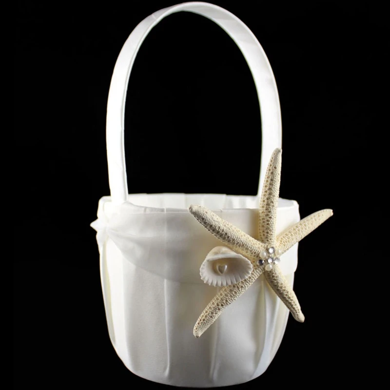 Wedding Beach Themed Ivory Flower Girl Basket With Sea Star And Seashell