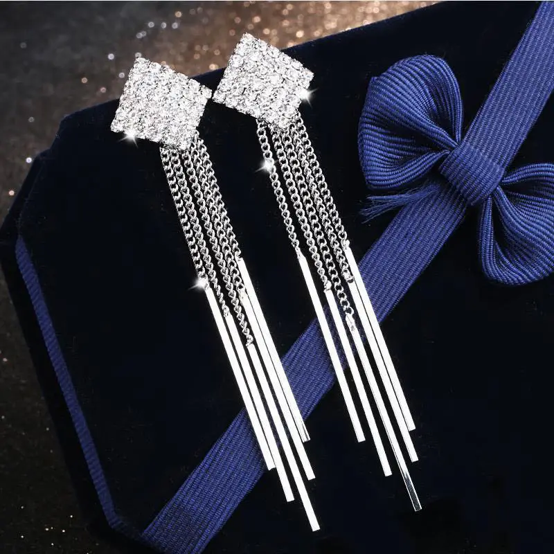 

Fashion Jewelry Tassel Crystal Drop Earrings For Women Bohemian Geometric Square Shaped Gold Silver Earing Female Wedding Gifts