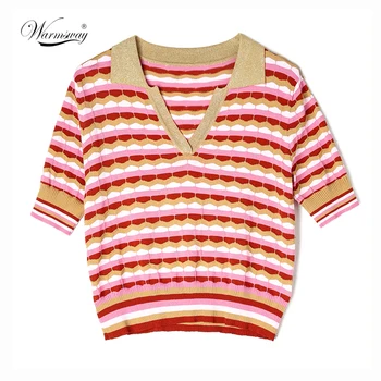 

Warmsway Summer new striped Design Gold Crop T-Shirt Pullovers Knitwear Short-Sleeved Turn-down collar Top Clothes B-029