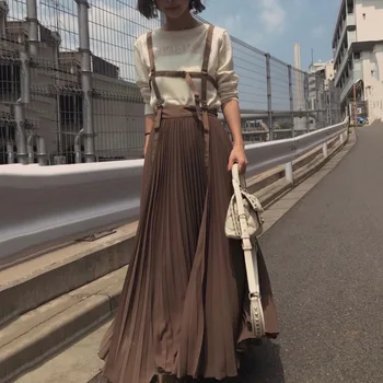 

Suspender Pleated Dress Women Korean Simple Stylish Female Strap Long Dresses Elegant Casual Vintage Lady Vestidos Robe Brown