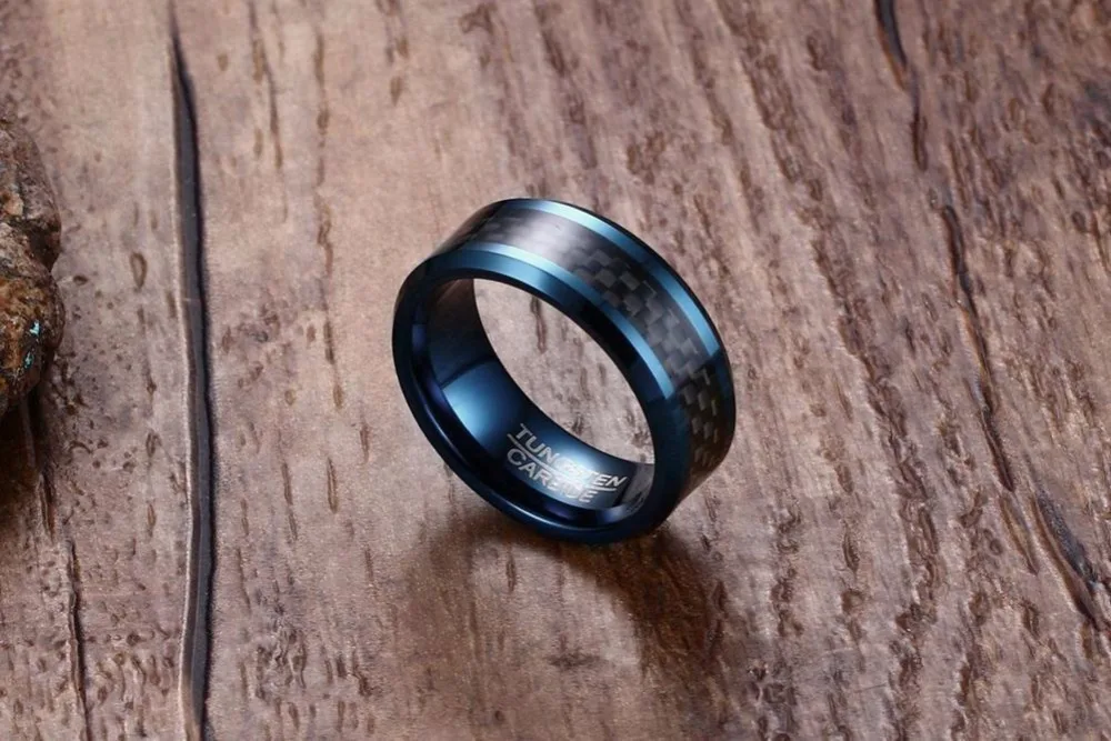 Mens Blue Tungsten Carbide Ring Men 8MM Tungsten Carbide Blue Plated Matte Black Carbon Fiber Brushed Beveled Edges Rings Jewelry 19