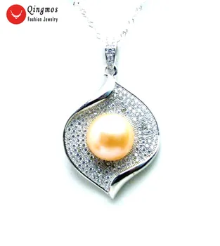 

Qingmos Silver 26*36mm Drop Pendant Necklace for Women with Natural 11-13mm Flat Round Natural Pink Pearl 16" Silver S925 Chain