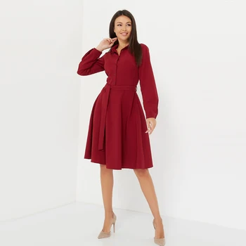 

Women Casual Sashes A-line Party Dresses Turn Down Collar Long Sleeve Solid Office Dress 2020 Summer Fashion Elegant Knee Dress