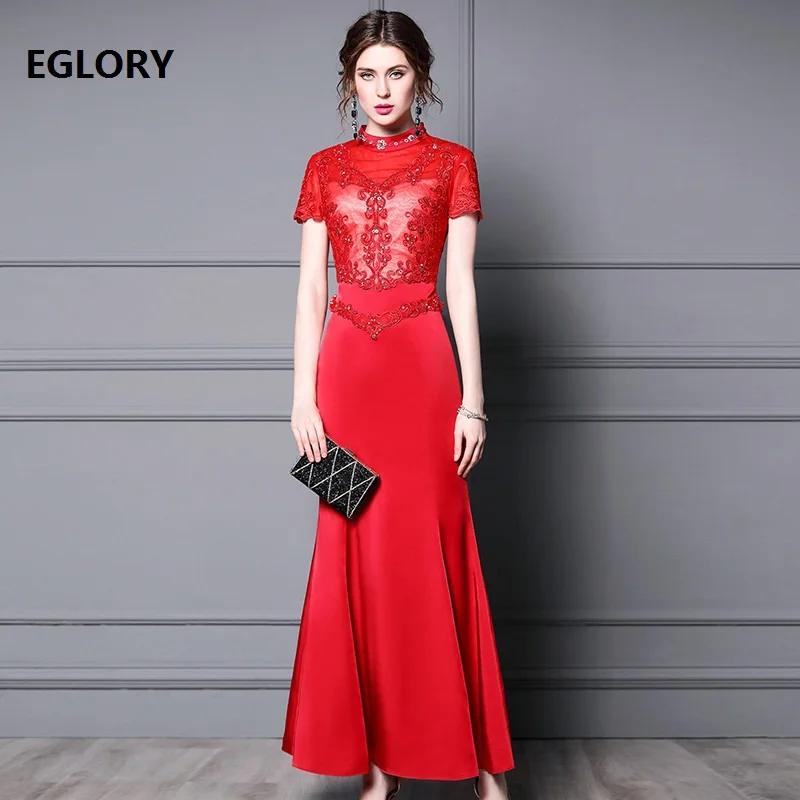 

Luxury Dress 2021 Spring Summer Long Party Wedding Women Stand Neck Lace Embroidery Beading Deco Sexy Mermaid Yellow Long Dress