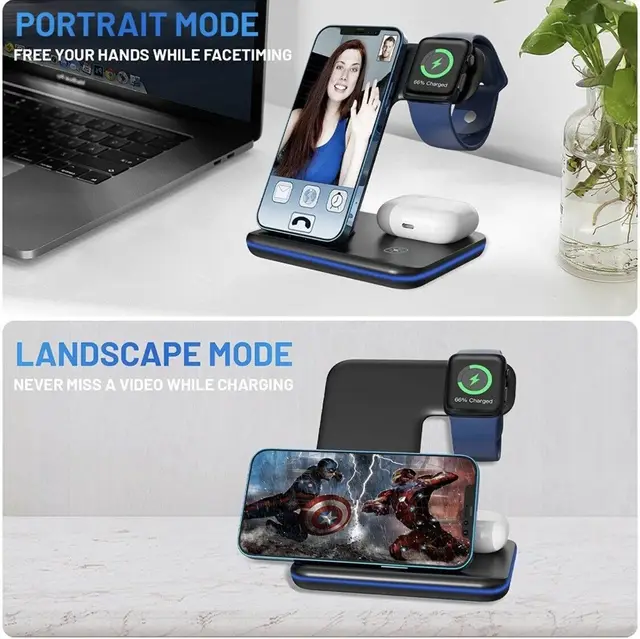 Station de charge rapide sans fil 3 en 1, support de chargeur 15W pour iPhone