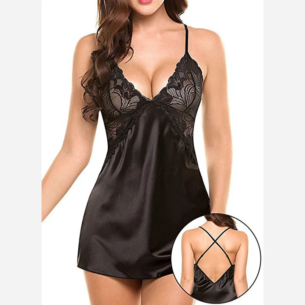 Gecelik Женская шелковая ночная рубашка, кружевное нижнее белье, ночная рубашка, сексуальная ночная рубашка, женское белье, сексуальная шелковая сорочка - Цвет: black