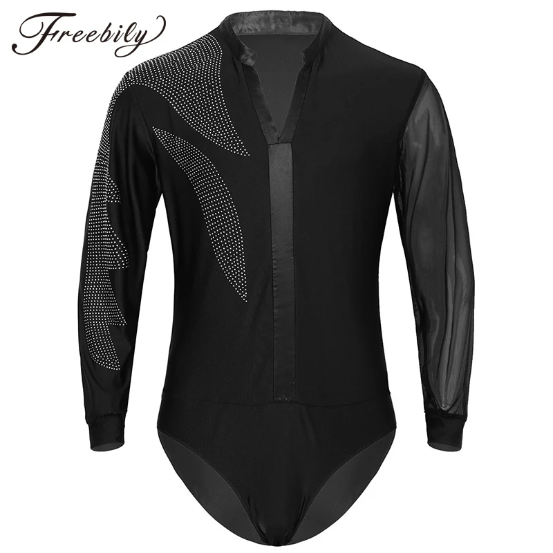 Latin Dance Shirts Mens Shiny Rhinestones Long Sleeve Ballroom Dancing