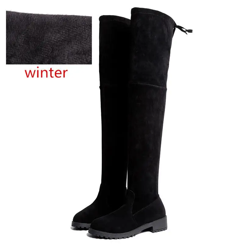 Размер 35-41, зимние сапоги выше колена, женские эластичные тканевые чулки с эластичным бортом, женская обувь, Длинные Bota Feminina Zapatos De Mujer - Цвет: Winter Black
