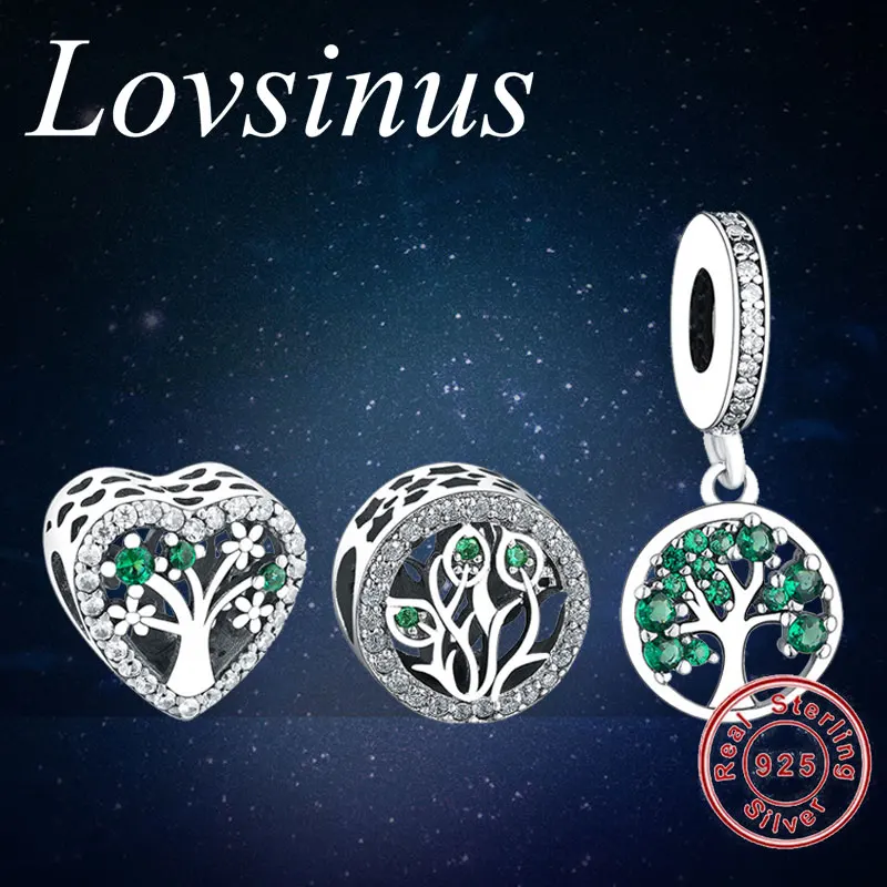 

Fit Original Pandora Charm Bracelets Tree of Life With Green CZ Charms 925 Sterling Silver Dangles Necklace DIY Making Bracelet