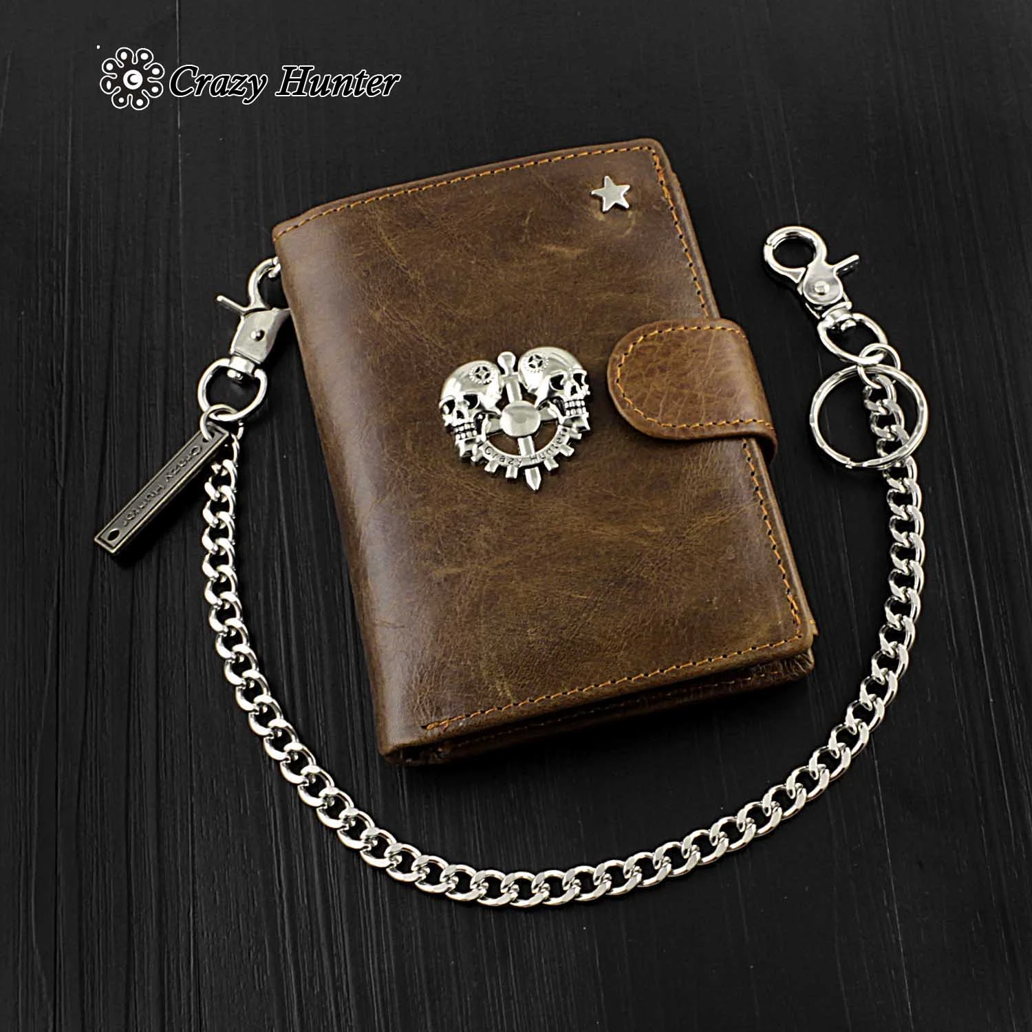 Cartera de cuero con cadena de seguridad para Cartera cuero con diseño calavera y motorista|Carteras| - AliExpress