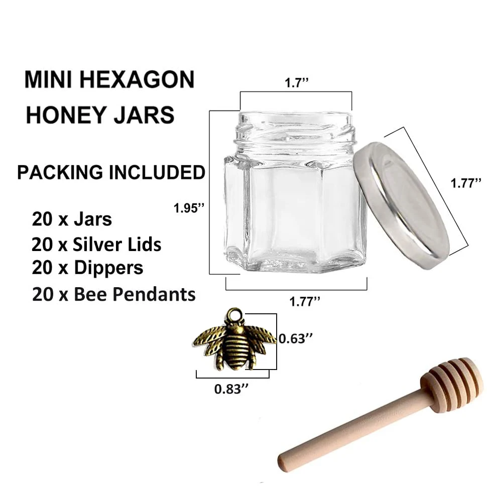 Hexagon Mini Glass Honey Jars with Wooden Dipper, Silver Lids, Silver Bee PendantsPerfect for Baby Showers, Wedding Favors 2