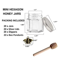 Hexagon Mini Glass Honey Jars with Wooden Dipper, Silver Lids, Silver Bee PendantsPerfect for Baby Showers, Wedding Favors 2