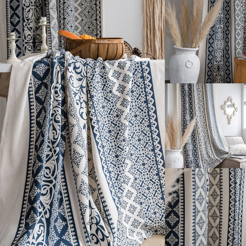 Сине-белые фарфоровые затемняющие шторы с принтом хлопковые в стиле бохо