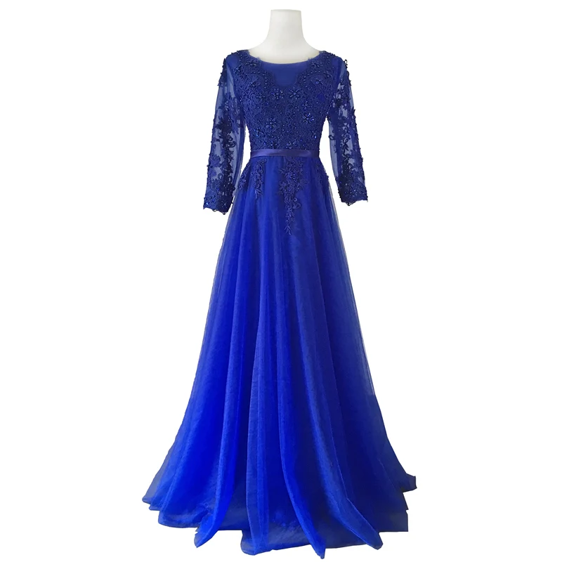 royal blue Платья, 3/4 рукава, с аппликацией, Серебряное Вечернее платье, Длинные вечерние платья, vestido de festa A335 - Цвет: royal blue