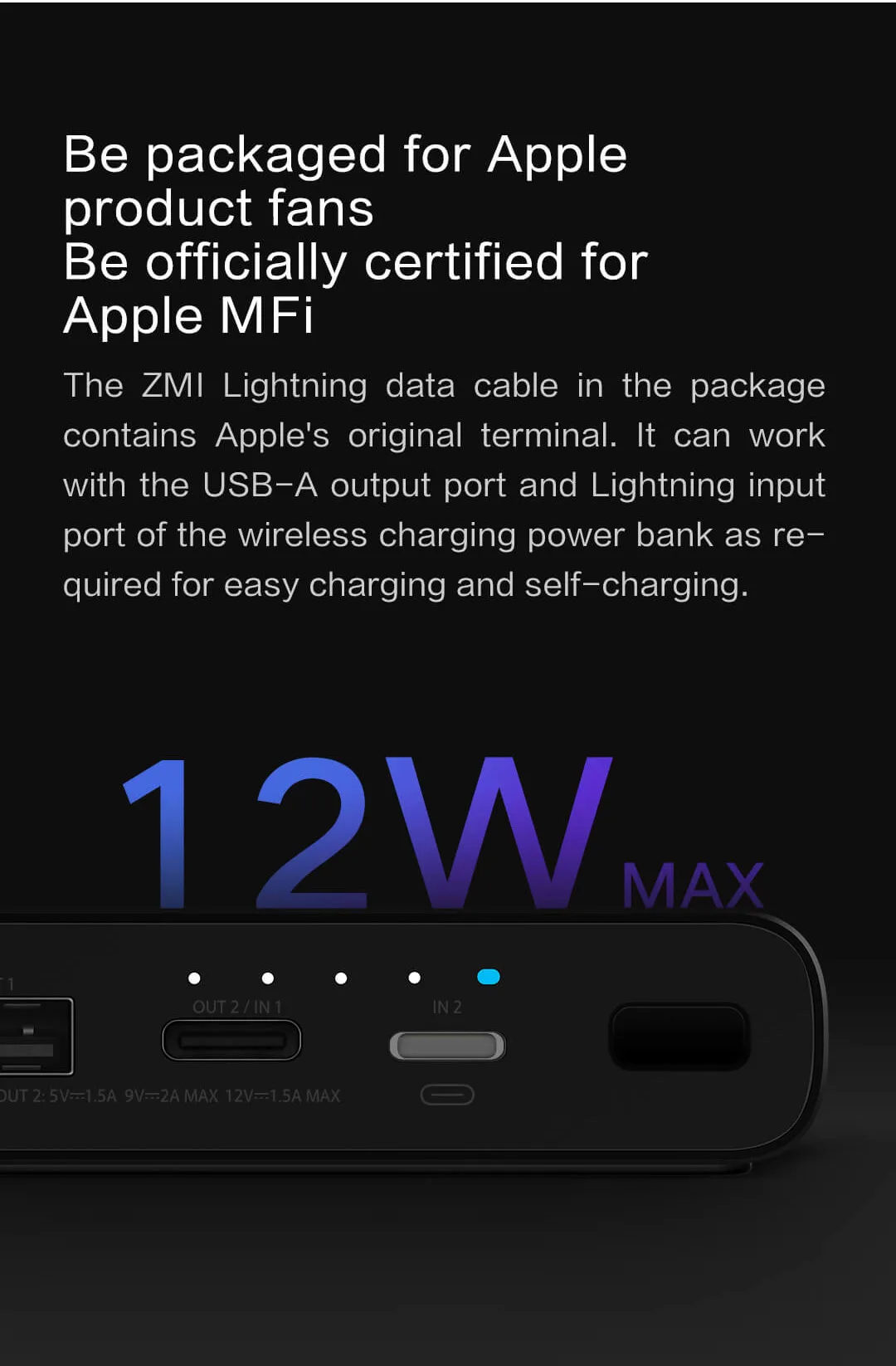 ZMI WPB100, 10000 мА/ч, беспроводной внешний аккумулятор для MFi, для Apple, для зарядки Lightning, двойной USB-C, 18 Вт, Макс., 10 Вт, Макс., Qi сертификат