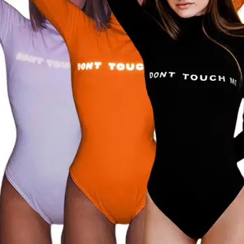 

Women Long Sleeve High Neck Bodysuit Novelty Reflective Luminous Letters Rompers Solid Color Stretchy Bodycon Leotard Streetwear