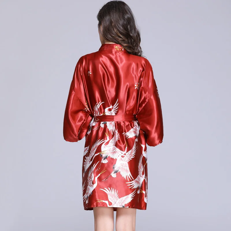 Birds Print Sexy Large Size Sexy Satin Night Robe Lace Bathrobe Perfect Wedding Bride Bridesmaid Robes Dressing Gown Hotel Spa