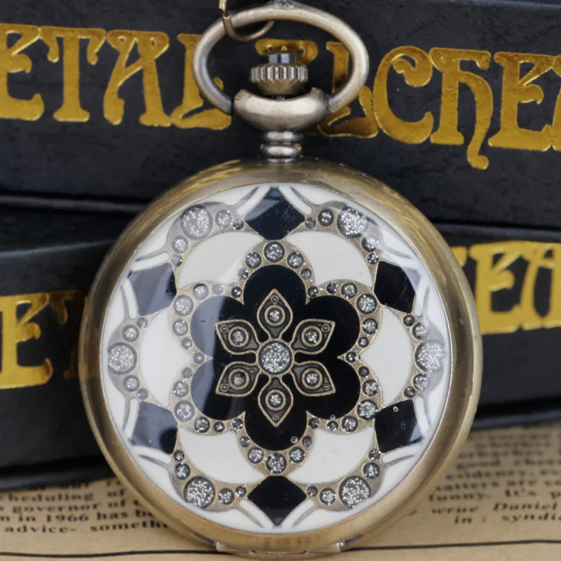 

Steampunk Bronze Copper White Flower Crystal Quartz Pocket Watch with Chain Necklace Pendant Chain for Men Women