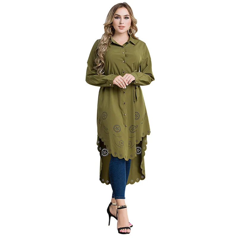 Женская длинная стильная блузка, платье размера плюс, мусульманский абайя, костюмы, полые мягкие женские блузки, платье, однотонная Арабская Исламская одежда - Цвет: Green dress