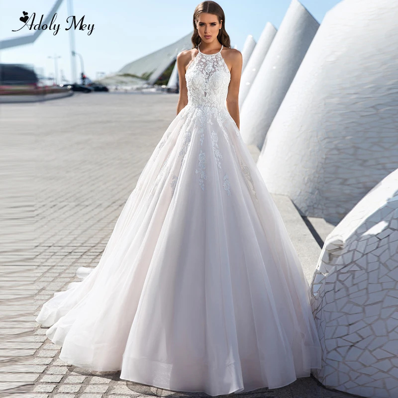 

Adoly Mey Romantic Halter Neck Backless A-Line Wedding Dresses 2020 Court Train Appliques Beaded Princess Bride Gown Plus Size