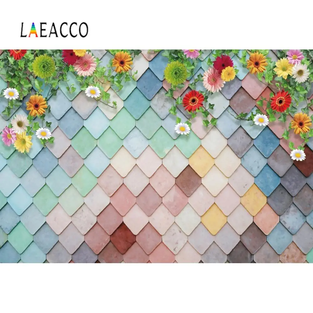 

Laeacco Spring Flowers Leaves Colorful Geometric Pattern Baby Birthday Photography Backdrop Photo Background For Photo Studio