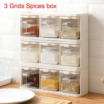 

Kitchen plastic Rack with Spoon Lid Container Seasoning Box Herb Spices Storage Condiment Jar Cooking Tools