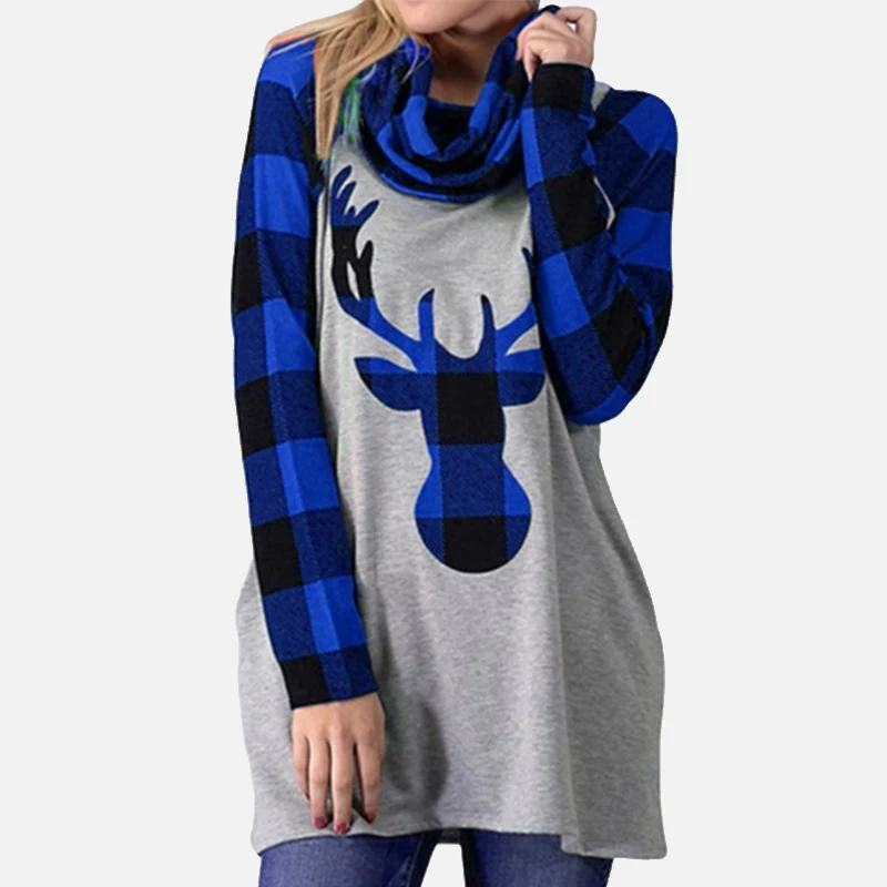 Зимние женские футболки с рисунком рождественского оленя, шарф, воротник, длинный рукав, женская футболка, повседневные модные женские топы - Цвет: Синий