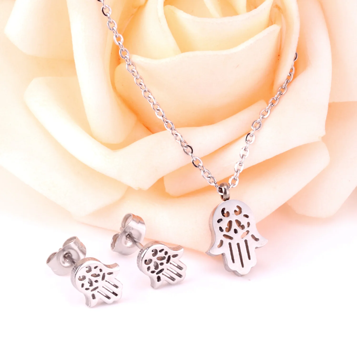 LUXUKISSKIDS Animal Cat Jewelry Sets Stainless Steel 316L Hamsa Hand Necklace For Women/Girls Dubai Indian African Jewelry Sets