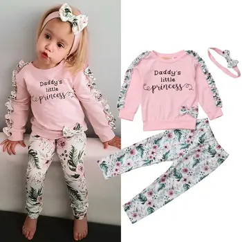 

Cute Pretty Infant Clothes 3PCS Baby Girls Ruffles Sleeve Letter Floral Pink Pullover Tops+Pants+Headband Autumn Winter