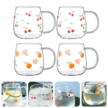 

4PCS Fruit Printing Glass Cup Heat-proof Cup Drinking Storage Cup with Handle