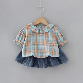 

Fashion Summer Girls Princess Clothes Set Plaided Tops T-shirt+Jeans Pleated Skirt 2pcs Infants Kids Children Baby Outfit S10922