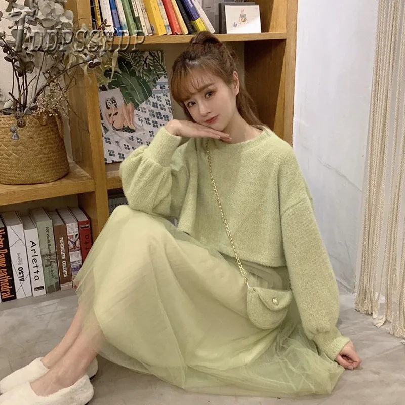 Осень зима 2019 милые корейские женские комплекты свитер и платье на бретельках