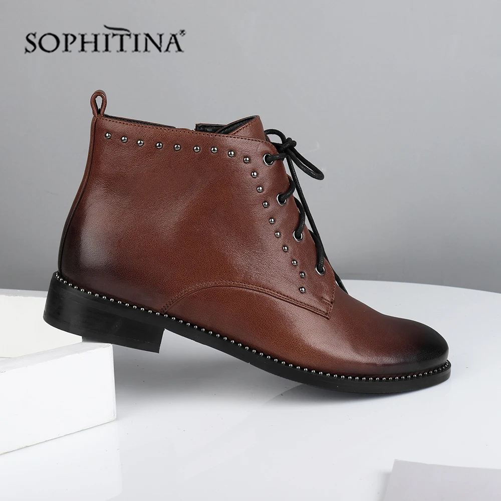 SOPHITINA/однотонные женские ботинки новая модная обувь из натуральной кожи, с круглым носком, на квадратном каблуке ботильоны на шнуровке SC463