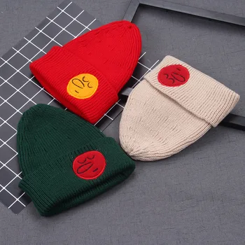 

Cute Long Nose Smiley Embroidery Mark Solid Color Children Wool Hat Autumn and Winter Baby Set of Head Cap Wool Hat