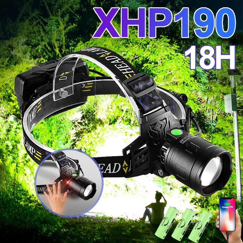Новейший самый мощный светодиодный налобный фонарь XHP190 Перезаряжаемый фонарик