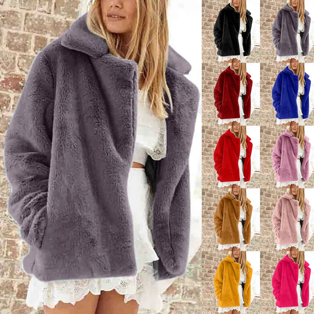 Женское плюшевое пальто, зимнее теплое пальто из искусственного меха, пальто с длинным рукавом и отложным воротником, плюшевое пальто, верхняя одежда с карманами, флисовая куртка, пальто оверсайз