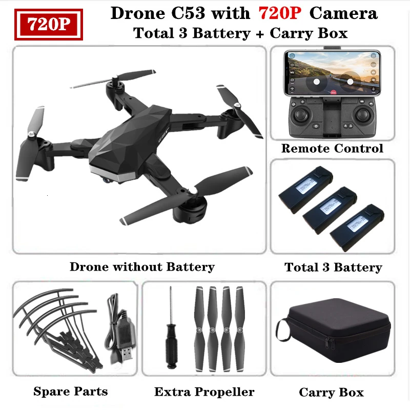 720P-Carry Box-3 Радиоуправляемый Дрон C53 Дроны для селфи с 4K HD Двойная камера оптический поток следующий Квадрокоптер складной Квадрокоптер Дрон VS XS809S XS816 - Цвет: 720P-Carry Box-3