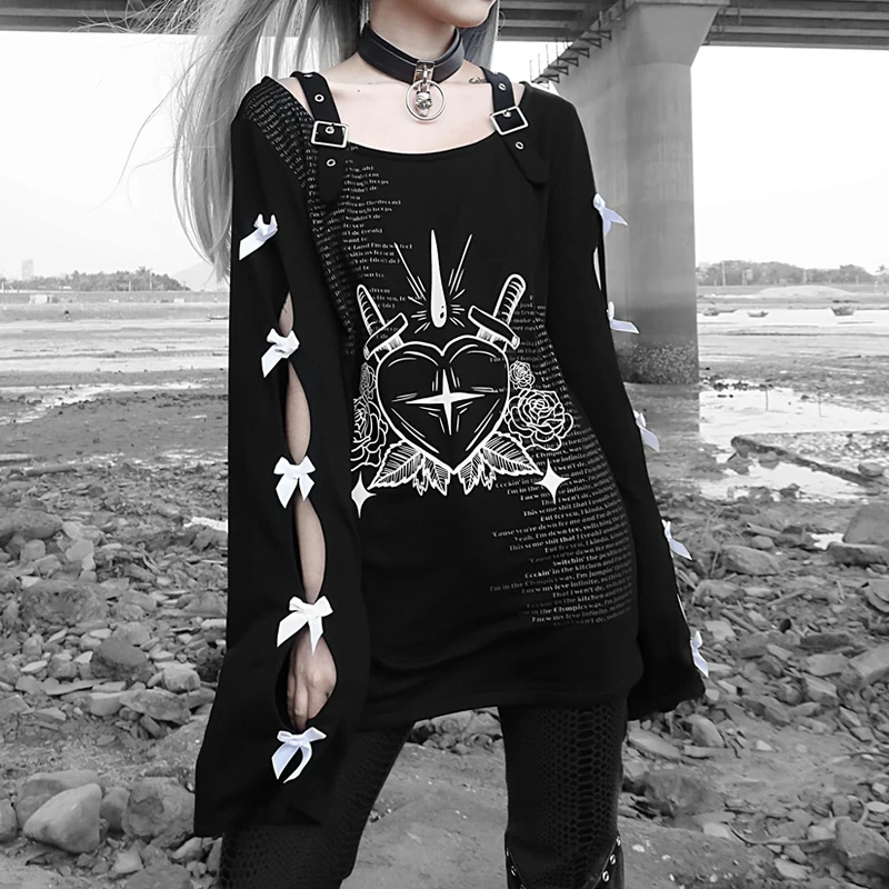 Emo Alt Dark Aesthetic Alternative Gothic Black Heart Print Goth T Shirt Long Sleeves Punk Bow Tie Sleeve Tops Grunge Clothing T Shirts Aliexpress