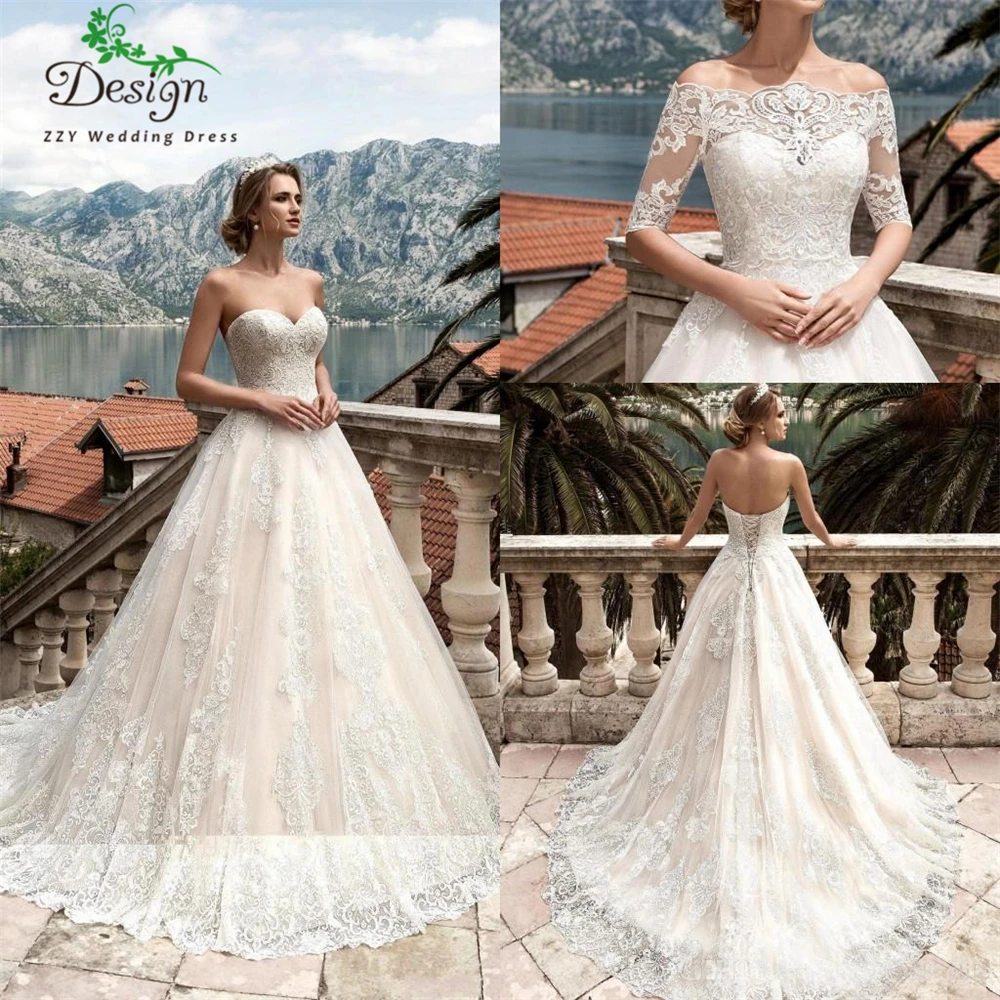 

Vestidos De Noiva 2019 Wedding Dresses with Detachable Half Long Sleeves Lace Appliqued Bridal Gowns Corset Back Wedding Gowns