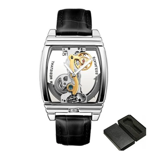 Модные мужские Shenhua автоматические механические часы в стиле стимпанк на кожаном ремешке, Водонепроницаемый часы Montre Homme - Цвет: silver-box