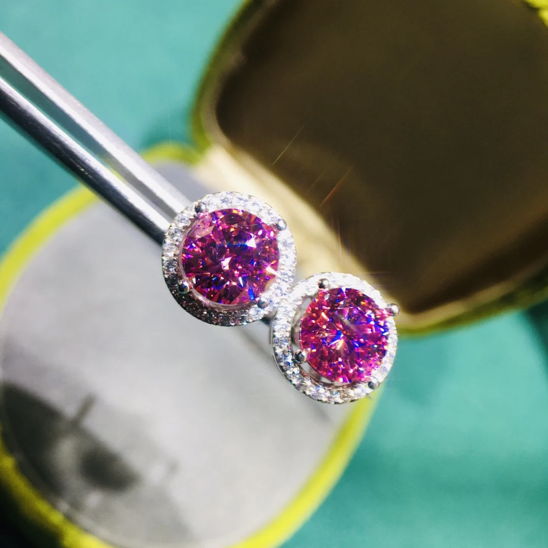 Silver 925 Original Round Brilliant Cut Diamond Test Past Total 2 Carat Best Pink Moissanite Stud Earrings Gemstone Jewelry Gift