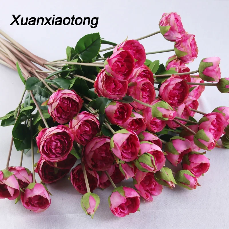 

Xuanxiaotong 5 Head Red Artificial Rose Bloom Silk Flower flores with Leaves Buds for Wedding Festive Party Home Decoration