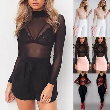 

UK Fashion Women Ladies Summer Skinny Solid Casual Turtleneck Sheer Mesh Fish Net Long Sleeve Cover Up See-through Tops T Shirt